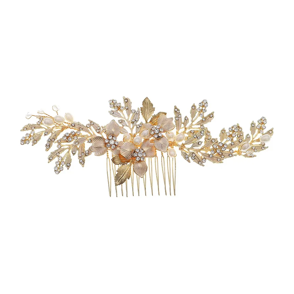 Peigne à cheveux doré feuilles et fleurs en strass de 15 cm