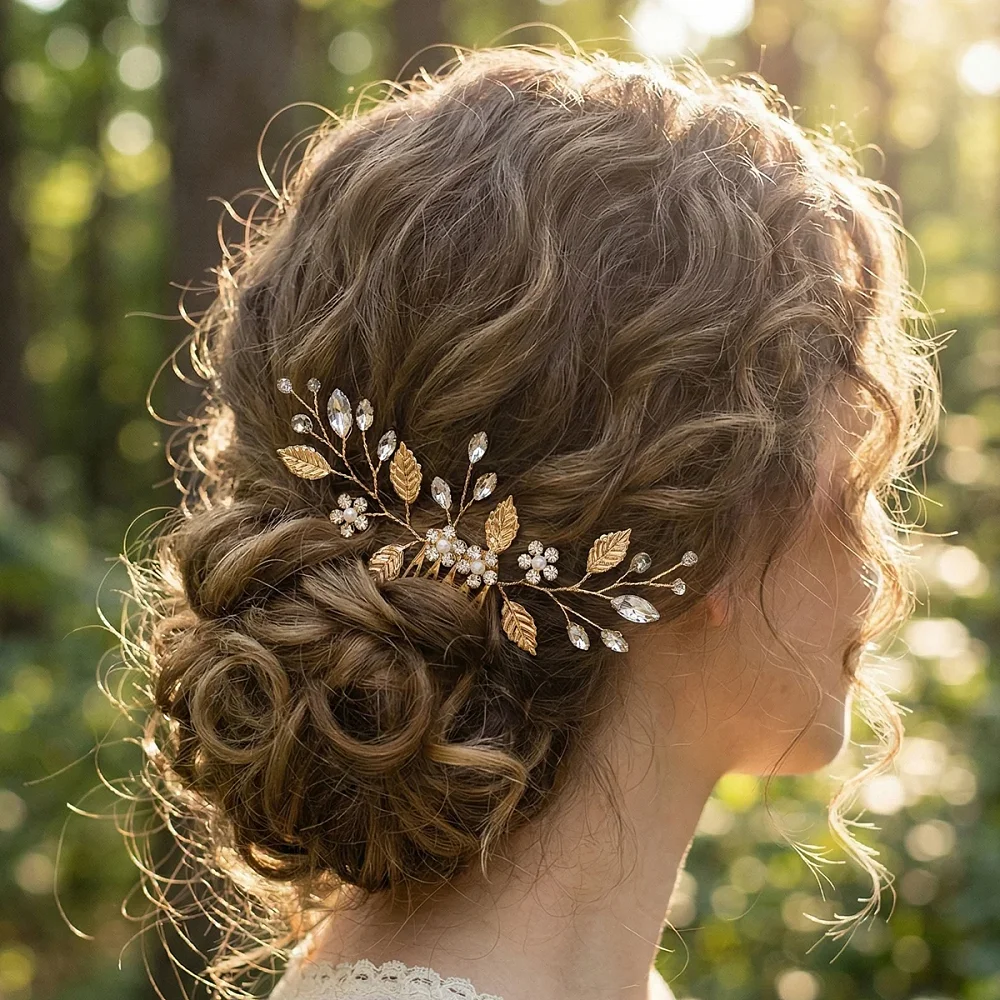 Peigne à feuilles dorées dans une coiffure de mariée