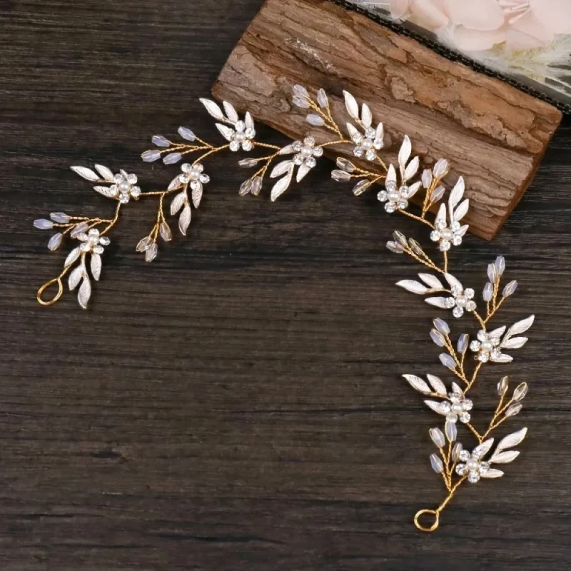 Vigne de cheveux dorée à feuilles et fleurs en strass