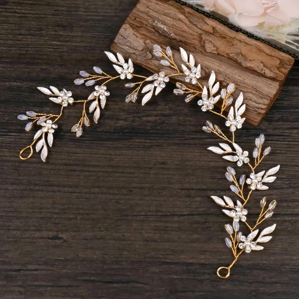 Vigne de cheveux dorée à feuilles et fleurs en strass